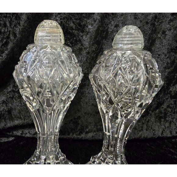 Vintage Clear Cut Crystal Salt Pepper Shakers Diamond Pattern Faceted Bases - Picture 4 of 6